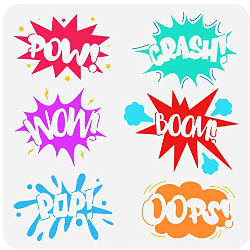 FINGERINSPIRE Pochoir de Texte Comique 30x30 cm Modèle de Dessin en Plastique Pet WOW Boom Oops POW Crash Pochoir de Mots Pochoir à Thème Comique Pochoir Carré pour Panneaux en Bois Scrapbook Mural