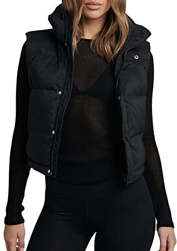 Kukeyiee Damen Winter Crop Weste mit Reißverschluss, ärmellose Jacke, Stehkragen, Puffer, gepolsterte Gilet, Oberbekleidung(Schwarz-1,M)