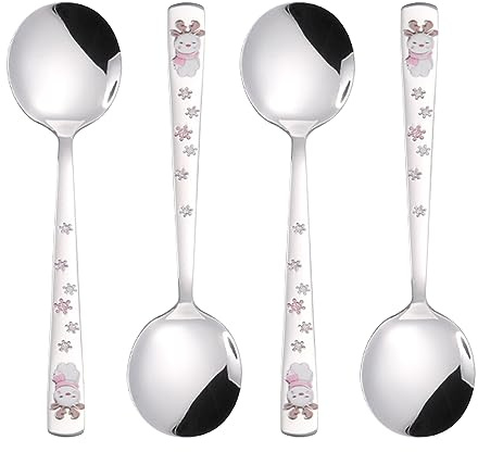 Ouliget Niedliche Cartoon-Edelstahl-Esslöffel, Weihnachtslöffel, Edelstahl-Suppenlöffel, 17,8 cm, rosa Elch, 4 Stück.