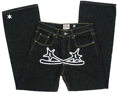 Baggy Jeans Herren Y2k mit Print Hip Hop Star Cargo Pants Breite Hose mit Schrift Vorne, Loose Fit Schwarz Jeanshose Freizeithose für Jungs Männer