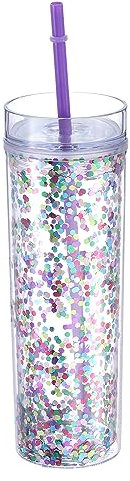 QUARKZMAN Flaco Acrílico Vaso con Tapa y Pajita, 16 Oz Doble Pared Tazas para Hielo Café, Brillante Viaje Vasos para Cumpleaños Regalos, Personalización (Púrpura)