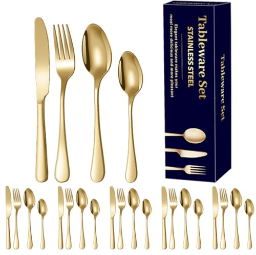 VIVIIHOO Juego de Cubiertos de Oro para 6 Personas - 24 Piezas, Pulido, diseño Moderno con Caja de Regalo, Esencial para el hogar, el Restaurante, la Fiesta y la Boda