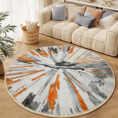 Großer Runder Teppich, Moderner Kurzflor, Ø 180 cm, Abstrakt, Grau-Orange, Rutschfest, Fusselfrei, Kreisteppich, Modernes Design für Zuhause, Wohnzimmer, Schlafzimmer, Büro