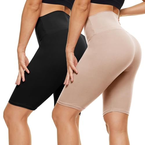 CAMPSNAIL 2er Pack Radlerhosen Damen Kurze Sporthose Sport Yoga Gym Biker Shorts Leggings Knielang High Waist Sommer Elastisch Blickdicht Schwarz & Beige,L-XL