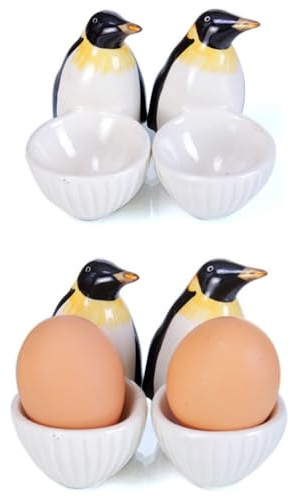 B2SEE Set 4 Coquetiers vaiselle déco en céramique de Motifs Design Animaux (Pingouins)