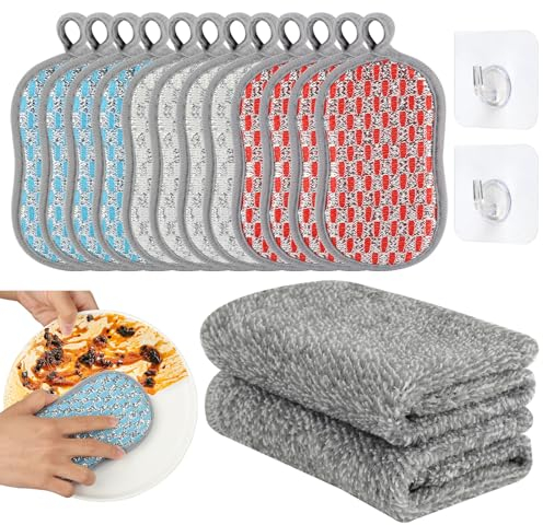 12 Piezas Estropajo de Microfibra, Esponjas Reutilizables Lavables con 2 Paños de Limpieza y 2 Ganchos, Estropajo Cocina para Limpiar la Suciedad Persistente