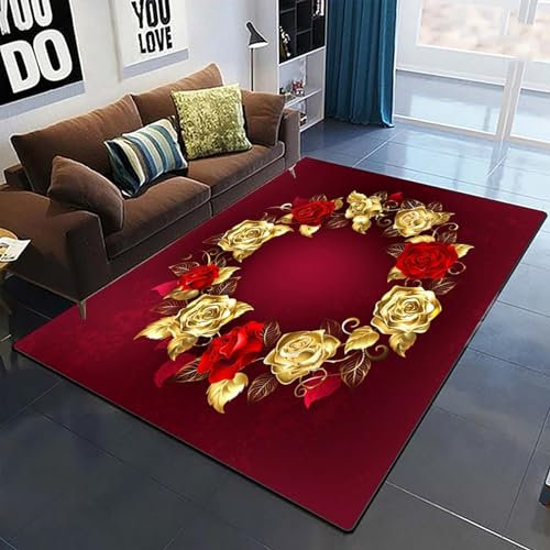 3D Gedruckter Teppich Rutschfester Teppich Für Wohnzimmer Schlafzimmer Bodenmatte Outdoor-Teppich Geburtstagsgeschenk Blumenpflanze Mit Goldener Rose 80 X 120 Cm Wohnzimmer Schlafzimmer Anti -5F6O/G1D