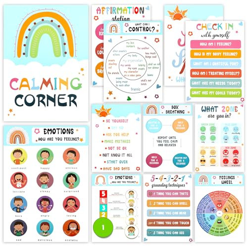 Eshwb Poster Calming Corner, Emotions-Diagramm für Kinder im Alter von 4–8 Jahren, Klassenzimmer, Calm Down Corner Must Haves für psychische Gesundheit, Pinnwand-Set für Vorschule, Kindergarten,