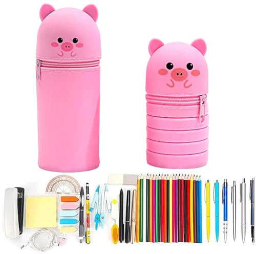 OZXVXZO Kawaii Trousse 2 en 1 en Silicone Souple, Trousse à Stylos Rétractable en Silicone, Trousse à Crayons Scolaire, pour Enfants Filles Adolescentes Trousse Idéale(Porcs en Poudre)