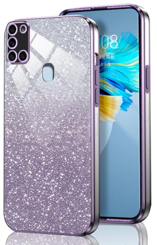 GOGME Glitter Hülle für Samsung Galaxy A21S, Galvanisierter Rahmen TPU Handyhülle Funkeln/Transparent Stoßfest Kratzfest Schutzhülle. Lila