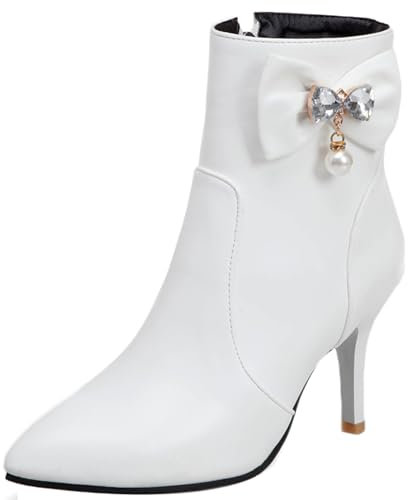 Stivaletti da Donna con Tacco a Spillo con Cristalli Tacco Basso Boot Appuntito Zip Stivali da Vestito, V20862Io Bianco Numero 33 EU/32Cn
