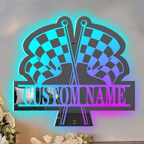 Personalized Racing Flag Mirror Light, Custom Start Finish Racing Flag RGB Name Light Up Signs, Color Changing LED Mirror Name Signs for Home Bedroom Decor, Gift For Racer (Style 2)