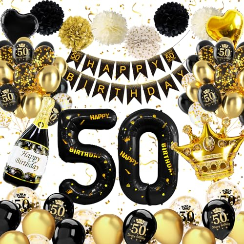 Deko 50 Geburtstag Männer Frauen,50 Geburtstag Deko Schwarz Gold mit Happy Birthday Banner Konfetti Luftballons 50. Nummer 50 Folienballons, deko zum 50 geburtstag mann