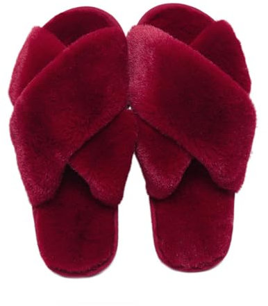 Milaloko Frauen Fluffy Cross Band Haus Hausschuhe Fuzzy Open Toe Hausschuhe Gemütliche Plüsch Slip-on Home Schuhe Indoor Outdoor, Rot, 36-37