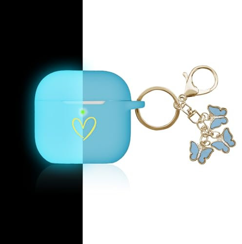 AIIEKZ Kompatibel mit AirPods 4 Hülle, weiche Silikonhülle mit goldenem Herzmuster für AirPods 4. Generation Hülle mit süßem Schmetterlings-Schlüsselanhänger für Mädchen Frauen (Fluoreszierendes Blau)