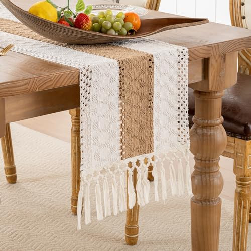 Tischläufer Braun Boho Beige Winter Deko Landhausstil Tisch Deko Modern Tischdecke Vintage Quaste Tischlaufer Bauernhaus Dekoration für Küche Urlaub Hochzeit Geburtstag Dekor 30x180cm