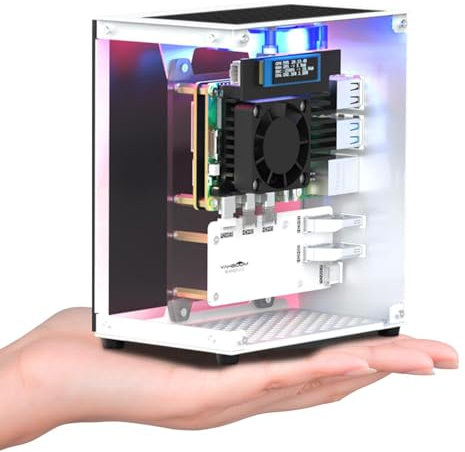 Yahboom Raspberry Pi 5 M.2 SSD PCIe Mini PC Boîtier pour Pi 5 avec tour radiateur, ventilateur RVB, écran OLED, avec adaptateur M.2, SSD NVME 256 Go