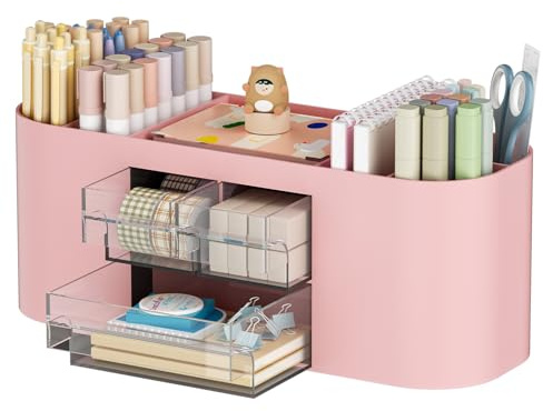 Marbrasse Desk Organiser with 3 Drawers,Multi-Functional Pen Holder,Desk Tidy and Accessories with 7 Compartments for Home,School,Classroom(Pink)