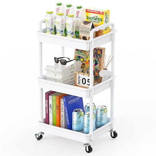 Yeabett 3 Tier Storage Trolley, Utility Cart with Lockable Wheels Multifunctional Storage Cart for Kitchen, Bathroom, Office, Living Room, White