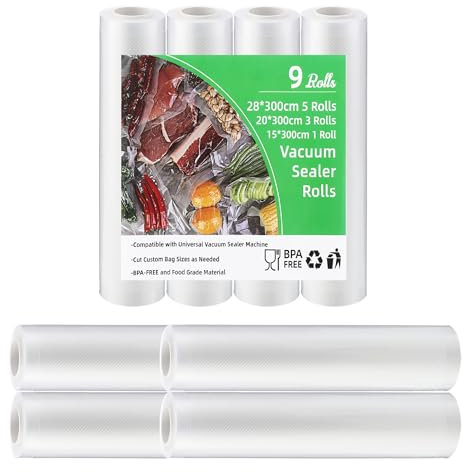 BUCOMTU 9 Rollen Vakuumierbeutel, 28/20/15 x 300cm,Vakuumierfolie, Vacuum Beutel,Vakuumbeutel Lebensmittel,Einschweißfolie für Vakuumierer, BPA-frei, reißfest