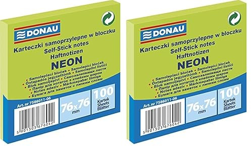 DONAU 7586011-06 DONAU 7586011-06 Notes Würfel Haftnotizen Neon-Grün Selbstklebende Haftnotizzettel Sticky Notes 76X76mm, 1x100 Blatt, Notizblock klebend für Büro Schule, grün neon (Packung mit 2)