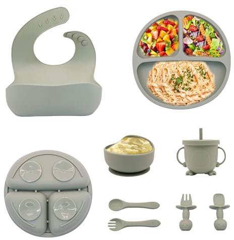 Vajilla bebé 100% de silicona, 10 piezas, libre BPA. Incluye: Babero impermeable, Plato y cuenco con ventosa + Vaso anti-ahogo + Cubiertos de aprendizaje(Azul Bebé)+REGALO CHUPETE FRUTA (Verde salvia)