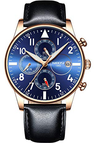NIBOSI Orologio da Polso, Quadrante Blu con Cronografo, Cassa in Oro Rosa, Cinturino in Pelle Nera, alla moda, di Lusso, Fashion, Impermeabile, al Quarzo, Data, Classico, Elegante, Sportivo, Casual