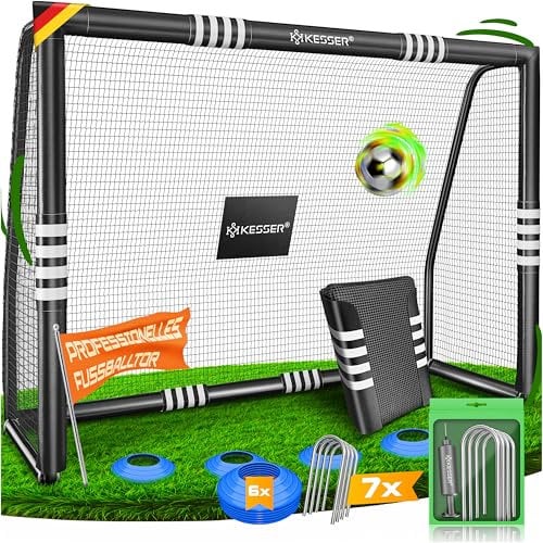 KESSER® Fußballtor – Hochwertiges Fußballtor 240cm, Training Schusstraining UV-beständigem Netz, Stahlrahmen mit Polsterung, Erdhaken, Luftpumpe, Hüttchen, Montagezubehör für Kinder und Erwachsene