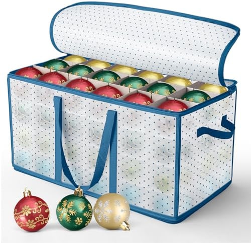 Aufbewahrungsbox für Weihnachtskugeln, Weihnachtskugeln Aufbewahrungsbox mit Reißverschluss und Deckel aus Kunststoff 128 Fächer je 8-10 cm seitliche Griffe Wasserdichte zur Aufbewahrung Blau