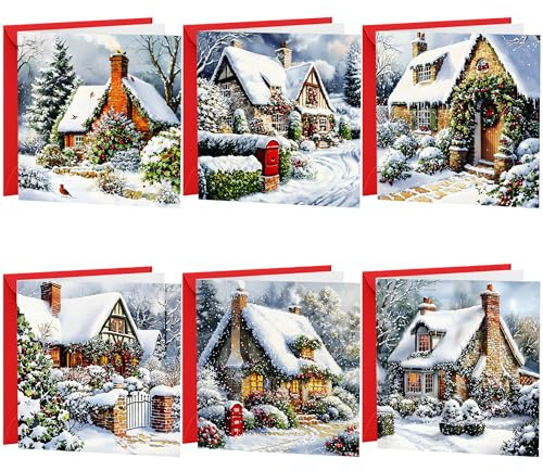 Weihnachtskarten, Multipack, 30 Stück, 6 niedliche Winter-Weihnachtslandschaft, festliche Szenen, Schneeszenen, Jahreszeiten, Grüße für Freunde und Familie