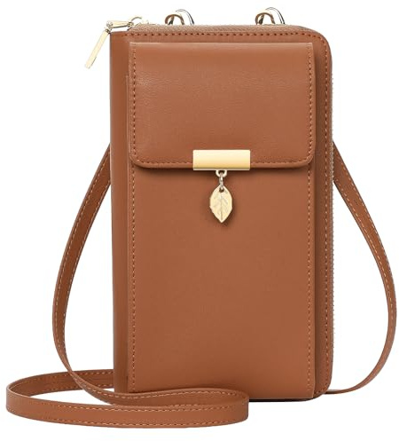 ENONEO Geldbörse Damen Handytasche zum Umhängen Leder PU Damen Umhängetasche Kleine RFID Schutz Handy Geldbeutel Frauen mit 12 Kartenfächer Handy Schultertasche Klein mit Reißverschluss (Braun)