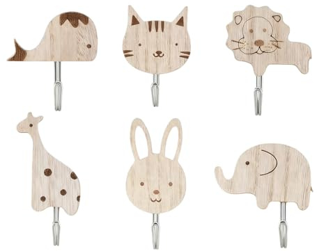 Hongoen 6 Stück Süße Tier Kleiderhaken,Holz-Tier-Wandhaken,Wandhaken Aus Holz,Tier Cartoon Wandhaken Elefant Wal Katze Löwe Kaninchen Giraffe Garderobenhaken Kinder,Für Schlafzimmer Badezimmer Küche