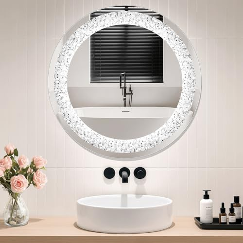 Worshow Dekorative Kristallspiegel Mit Licht, 60x60cm Runden Wand hängen rahmenlose Spiegel, Funkelndes Kristall-Diamant-Design, 6500K Kaltweiß Dekorative Wandspiegel fur Schlafzimmer Wohnzimmer Flur