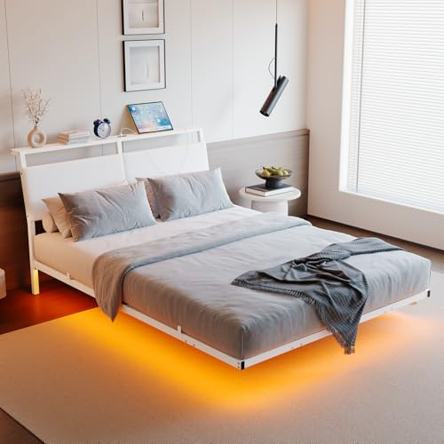 HOJINLINERO 4ft6 Double Bed Frame with Storage,Floating Bed Frame Double with LED Lights,Ergonomic Headboard with USB Charging,Bed Frames Noise-Free Metal Slats,White