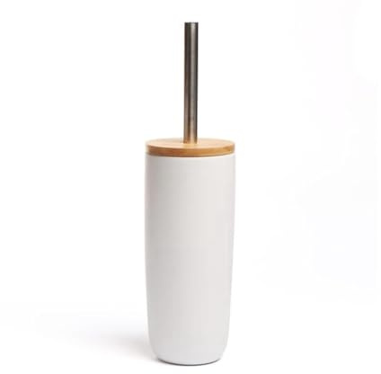 New||Modern Bathroom Toilet Brush Holder Set, White with Bamboo Lid,||Stainless Steel Handle, 22cm Height, Minimalist Design||