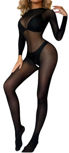 ROSVAJFY Women's Sheer Mesh Bodystocking Long Sleeve See-Through Full Body Stocking Sexy Lingerie Bodysuit See Through Stretchy Nightwear for Valentine's Day Date Night XS-XL Black White Beige