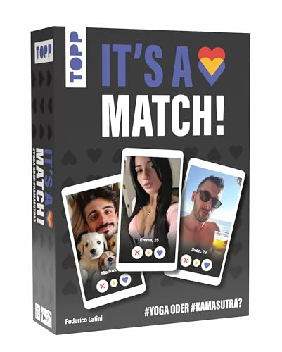 It's A Match! #yoga oder #kamasutra? Das Partyspiel mit echter Dating-App-Stimmung. Du entscheidest, welches Profil passt.