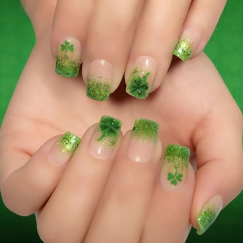 24 unghie finte corte facili da applicare verde scintillante design francese unghie artificiali per le donne applicazione rapida unghie finte