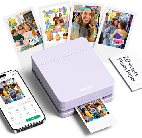 Nelko PP01 2x3 Portable Photo Printer with 20 Sheets, Purple | Instant Inkjet Mini Printer, Sticky-Back Photos, Bluetooth Smartphone Compatible with iOS/Android, Pocket Size, App Editing