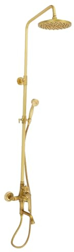 Colonna doccia dorata, colonna doccia con miscelatore, rubinetto doccia vintage in ottone, 85-132 cm, regolabile in altezza, doccia a pioggia, doccia esterna con due maniglie ad alta pressione