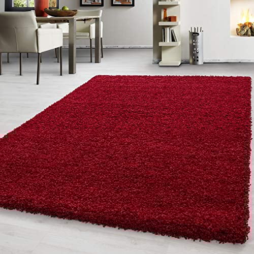 Teppium Moderner Hochflor Teppich Läufer Flur 80 x 150 cm Rot - Shaggy Flauschiger Teppich, Extra Weich und Pflegeleicht - Ideal als Bettvorleger im Schlafzimmer, Küchenläufer, Wohnzimmerteppich
