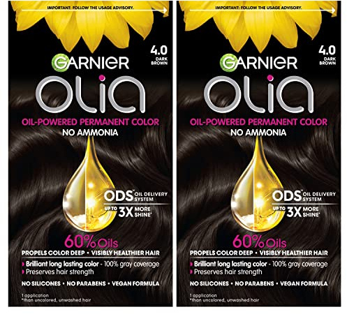 Garnier Olia Hair Color, Ammonia-Free Permanent Hair Dye, Oil-Powered Formula for 100% Gray Coverage and 3x Shinier Hair, Vegan & Cruelty Free, 4.0 Dark Brown, 2 Count