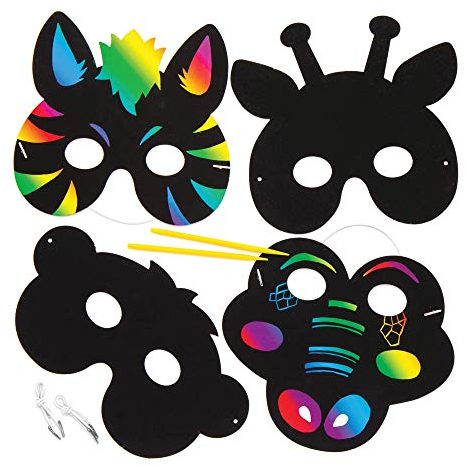 Baker Ross Kratzbild-Masken „Dschungeltiere“ (6 Stück) – Regenbogenpapier mit Kratzwerkzeug für Kinder zum Basteln und Dekorieren