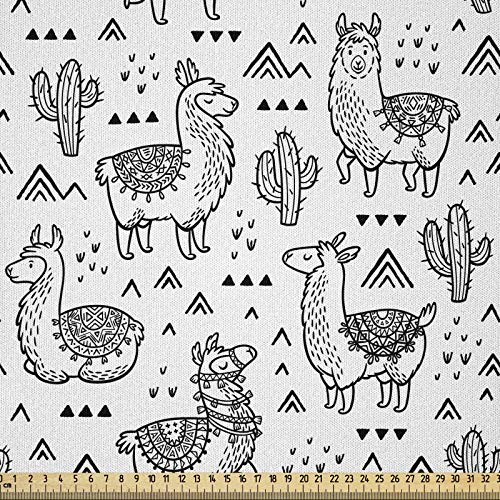 ABAKUHAUS Lama Stoff als Meterware, Doodle Alpaka Entwurf, Microfaser Stoff für Dekoratives Basteln, 1M (230x100cm), Weiß und Schwarz