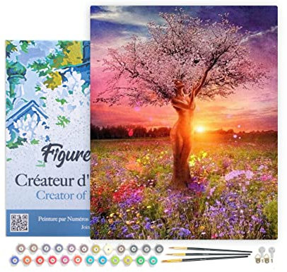 Figured'Art Malen Nach Zahlen Erwachsene Mit Rahmen Baum mit Frau - Paint by Numbers Basteln DIY Bastelset 40x50cm Leinwand gespannt auf Holzrahmen