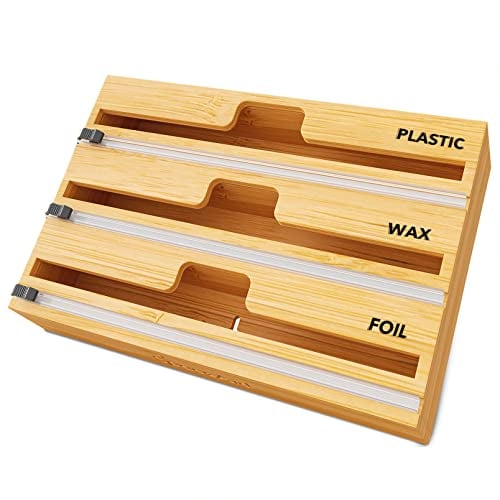 SpaceAid WrapNeat 3 in 1 Wrap Organizer with Cutter and Labels, Plastic Wrap, Aluminum Foil and Wax Bamboo Dispenser for Kitchen Storage Organization Holder for 12 Roll (Natural)