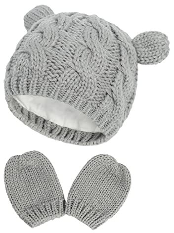 Simoda Neugeborene Baby Mütze und Kratzfäustlinge Set Gestrickte Warme Wintermütze Handschuhe Set für 0-18 Monate (Grau, 3-6 Monate)