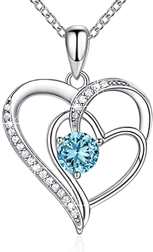 NINAMAID 925 Sterling Silber Kette Damen Kette Herz Halskette für Frauen Schmuck Damen Kette Geburtsstein Halskette Frauen Geschenke Weihnachten mit 5A Cubic Zirkonia