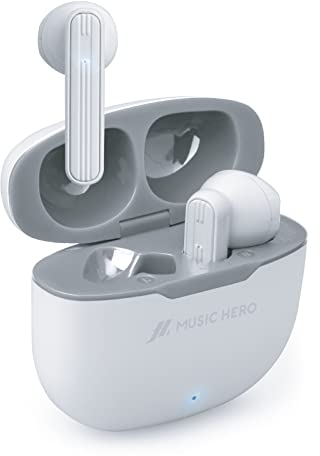 Music Hero Auricolari TWS Twin Flow Wireless con Controlli Touch Multifunzione, Basetta di Ricarica da 300mAh, Ottimi per Musica e Chiamate fino a 3 Ore consecutive, leggeri e confortevoli, bianchi