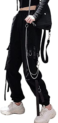 ORANDESIGNE Schwarz Freizeithosen Damen Cargo Hose Elastic Waist Buckle Ribbon Pocket Jogger High Streetwear Harajuku Hose Punk Ringkette Damenhose D Schwarz M